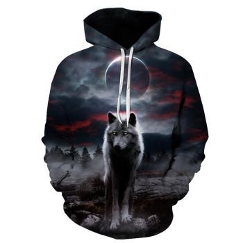  Vintage  Black Wolf Pattern Animals Hoodie