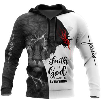 Loose And Gorgeous Black White Lion Pattern Jesus Hoodie