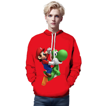 Mario Hoodie &#8211; Mario and Yoshi Red 3D Full Print Drawstring Hooded Pullover Sweatshirt