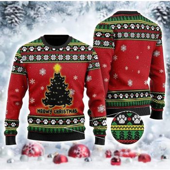 Black Cat Tree Meowy Ugly Christmas red Sweater