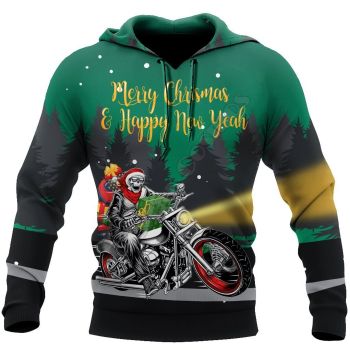 Generous And Beautiful Green Black Motorcycle Santa Pattern Christmas Hoodie