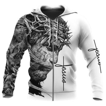  Oversize White Black Crosses Headshot Pattern Jesus Hoodie