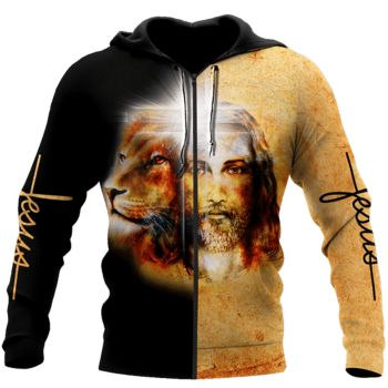  Pretty Black Yellow Lion Headshot Pattern Jesus Zip-Up Hoodie