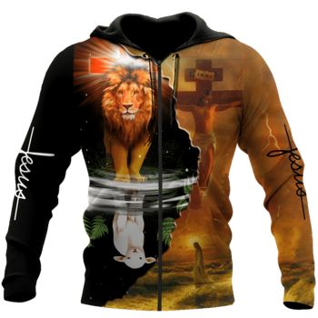  Fashion Brown Crosses Lion Pattern Jesus Zip-Up Hoodie