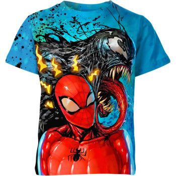 Playful Team-Up: Blue and Red Venom And Spider-man Man Shirt - A Cute And Funny Tee