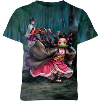 Lively Green-Multicolor Nezuko Kamado And Kanao Tsuyuri From Demon Slayer Shirt