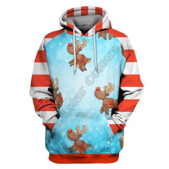  Precious And Cute Blue Red Deer Pattern Christmas Hoodie