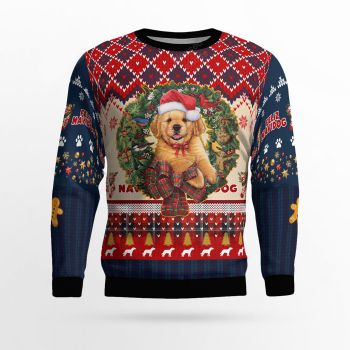 Golden Retriever with Christmas wreath Ugly Sweater