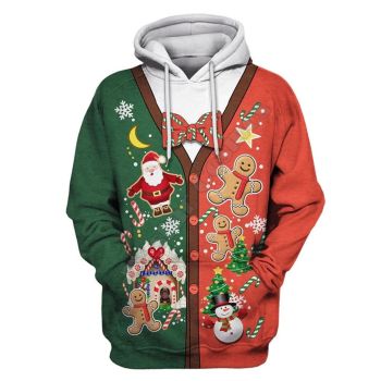  Temperament Red Green House Snow Santa Claus Pattern Christmas Hoodie