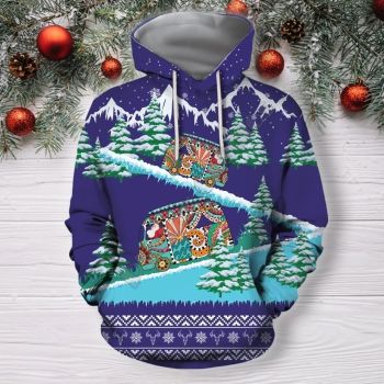 Vintage  Blue Car Tree Snow Pattern Christmas Hoodie