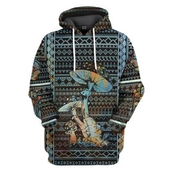 Vintage  And Loose Blue Black Mushroon Pattern Indians Hoodie