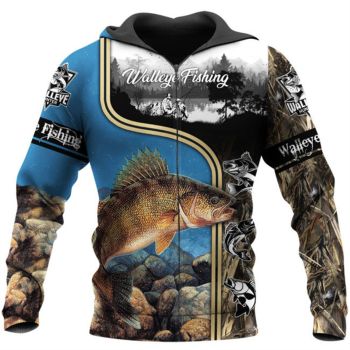 Vintage  And Loose Blue Fish Pattern Animals Zip-Up Hoodie
