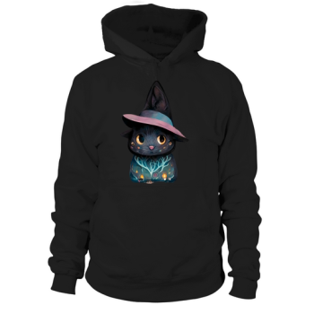 Cute Happy Halloween Black Cat Wearing Witch Hat Hoodies