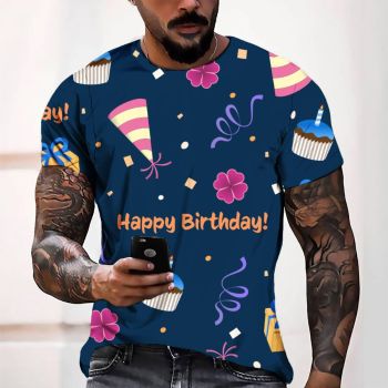Blue Cute And Pretty Happy Birthday Pattern 3D Printed T-Shirto