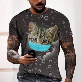 Grey Cute Cat Mask Pattern 3D Printed T-Shirto