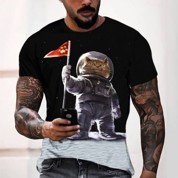 Black Loose And Fashion Cat Astronauts Pattern 3D Printed T-Shirto