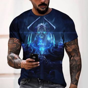 Blue Loose Halloween Skull Pattern 3D Printed T-Shirto