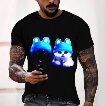 Black Vintage And Light Cat Pattern 3D Printed T-Shirto