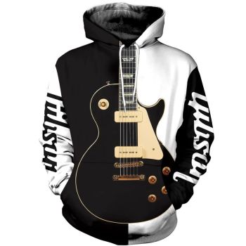 Fashion Black White Guitar Pattern Music Hoodie