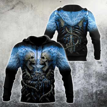 Vintage  Black Blue Skull Pattern Skull Hoodie