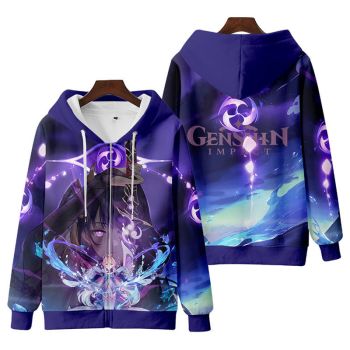 Chic Genshin Impact Raiden Shogun Anime Deep Grey Zip-Up Hoodie