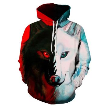 Contrast Red and White Wolf Sweatshirt Hoodie Pullover