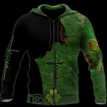  Pretty And Vintage  Green Crosses Lion Pattern Jesus Zip-Up Hoodie