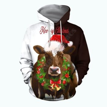 Pretty Brown White Cow Tree Deer Pattern Christmas Hoodie