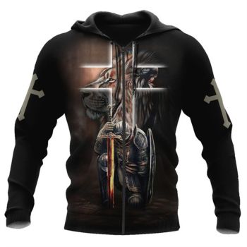  Elegance Brown Crosses Lion Pattern Jesus Zip-Up Hoodie