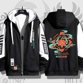 Charming Genshin Impact Kaedehara Kazuha Anime Black Zip-Up Hoodie