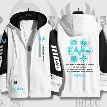 College Style Genshin Impact Xiao Game White Zip-Up Hoodie