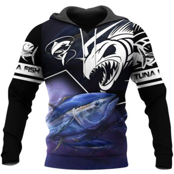 Pretty And Vintage  Black Blue Fish Pattern Animals Hoodie