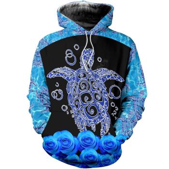 Loose Blue Black Turtles Pattern Animals Hoodie