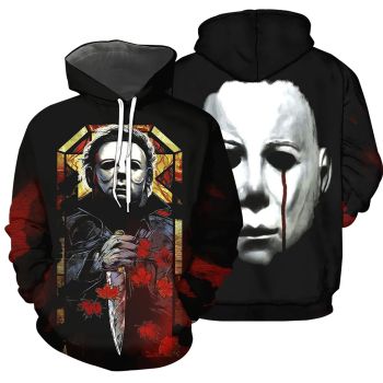  Cute Black Horror Characters Knives Pattern Halloween Hoodie