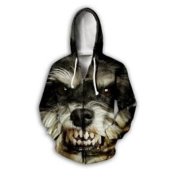 Vintage  Black Dog Pattern Animals Zip-Up Hoodie