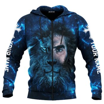  Vintage  And Loose Blue Lion Headshot Pattern Jesus Hoodie