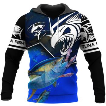Vintage  And Loose Black Blue Fish Pattern Animals Hoodie
