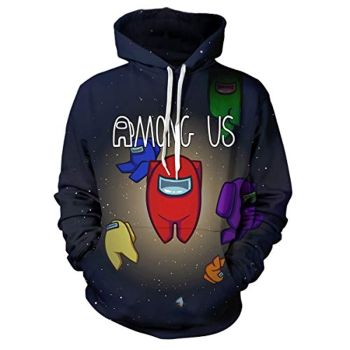 Video Game Among Us Hoodie &#8211; 3D Print Black Drawstring Pullover Sweatshirt with Pocket