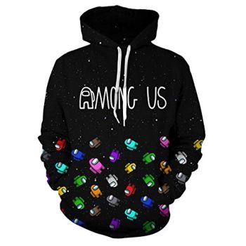 Video Game Among Us Hoodie &#8211; 3D Print Black Drawstring Pullover Sweatshirt with Pocket