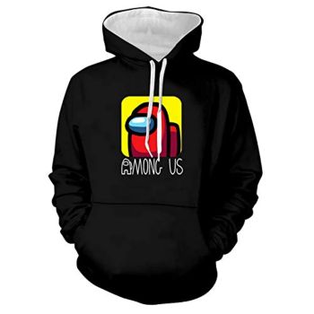Video Game Among Us Hoodie &#8211; 3D Print Black Drawstring Pullover Sweatshirt with Pocket