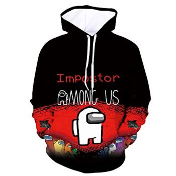 Video Game Among Us Hoodie &#8211; 3D Print Black Impostor Among Us Drawstring Pullover Sweatshirt with Pocket