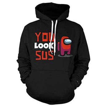 Video Game Among Us Hoodie &#8211; 3D Print Black YOU LOOK SUS String Pullover Hoodie