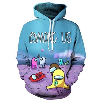 Video Game Among Us Hoodie &#8211;  3D Print Blue Casual Pullover Drawstring Hoodie