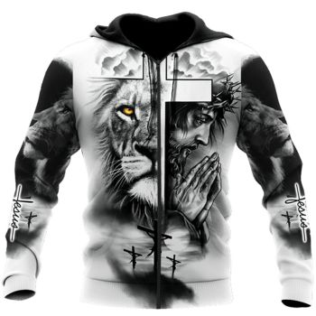  Loose White Black Lion Headshot Pattern Jesus Zip-Up Hoodie