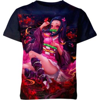 Stylish Deep Blue-Pink-Red Nezuko Kamado From Demon Slayer Shirt