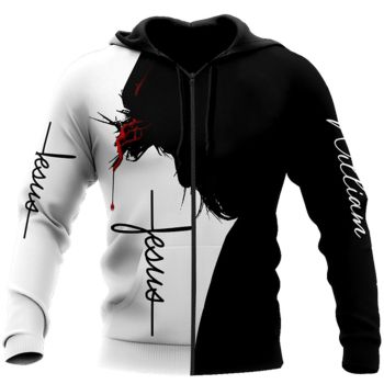  Fashion White Black Crosses Headshot Pattern Jesus Zip-Up Hoodie