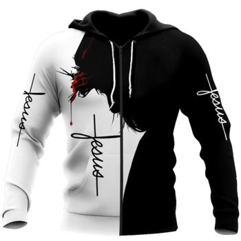  Cute Black White Crosses Fingers Headshot Pattern Jesus Zip-Up Hoodie