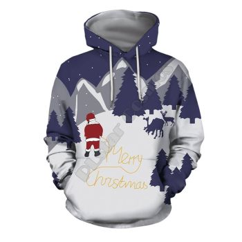 Precious And Cute Blue White Tree Santa Claus Pattern Christmas Hoodie