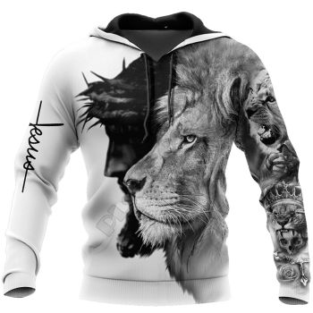 Precious And Gorgeous Black White Lion Pattern Jesus Hoodie