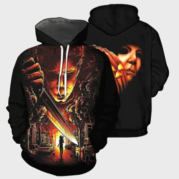  Vintage  Black Horror Characters Knives Pattern Halloween Hoodie
